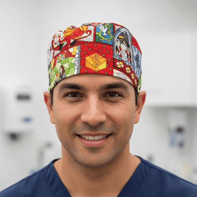 Harry Potter Stain Glass scrub cap shown on male model
