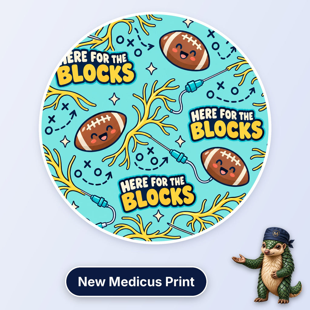 Here For The Blocks scrub cap print: smiling rugby balls with nerves, block needles and play diagrams on aqua
