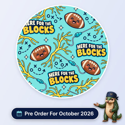 Here For The Blocks scrub cap print: smiling rugby balls with nerves, block needles and play diagrams on aqua, with a Pre Order For October 2026 badge