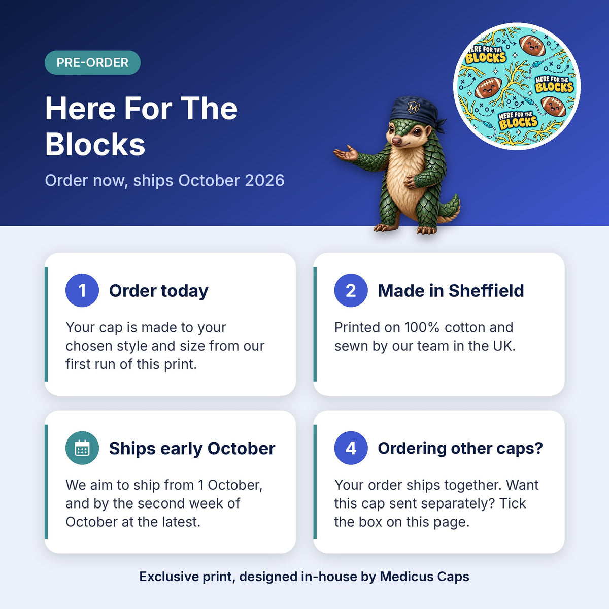 How pre-order works for the Here For The Blocks scrub cap: order today, made in Sheffield, ships early October 2026
