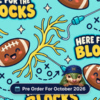 Here For The Blocks scrub cap print: smiling rugby balls with nerves, block needles and play diagrams on aqua, with a Pre Order For October 2026 badge
