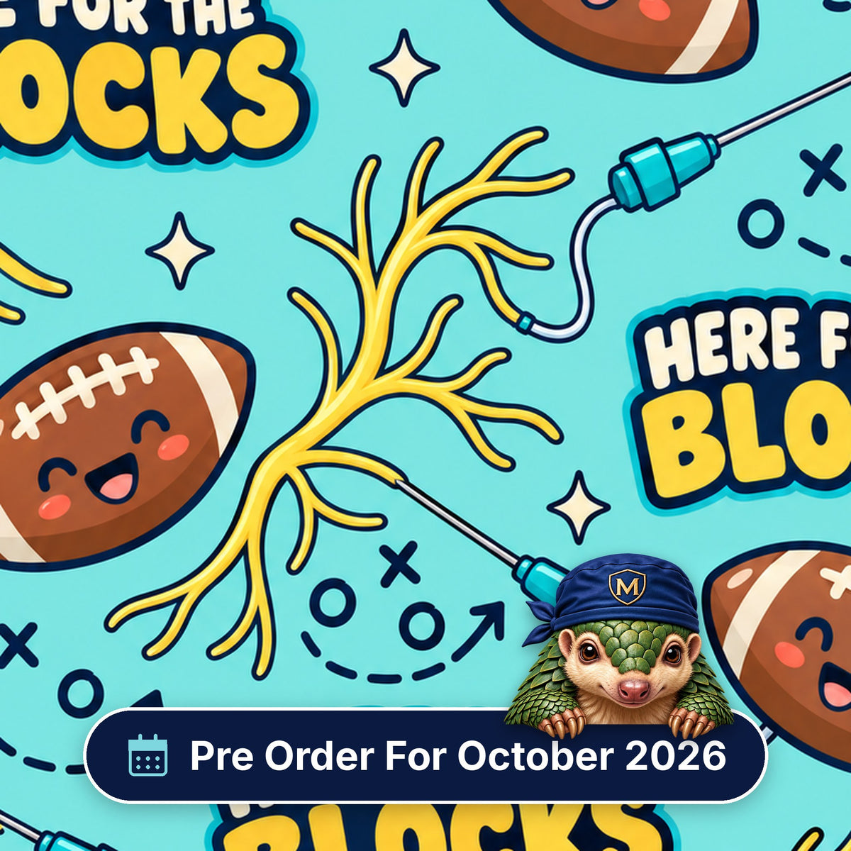 Here For The Blocks scrub cap print: smiling rugby balls with nerves, block needles and play diagrams on aqua, with a Pre Order For October 2026 badge