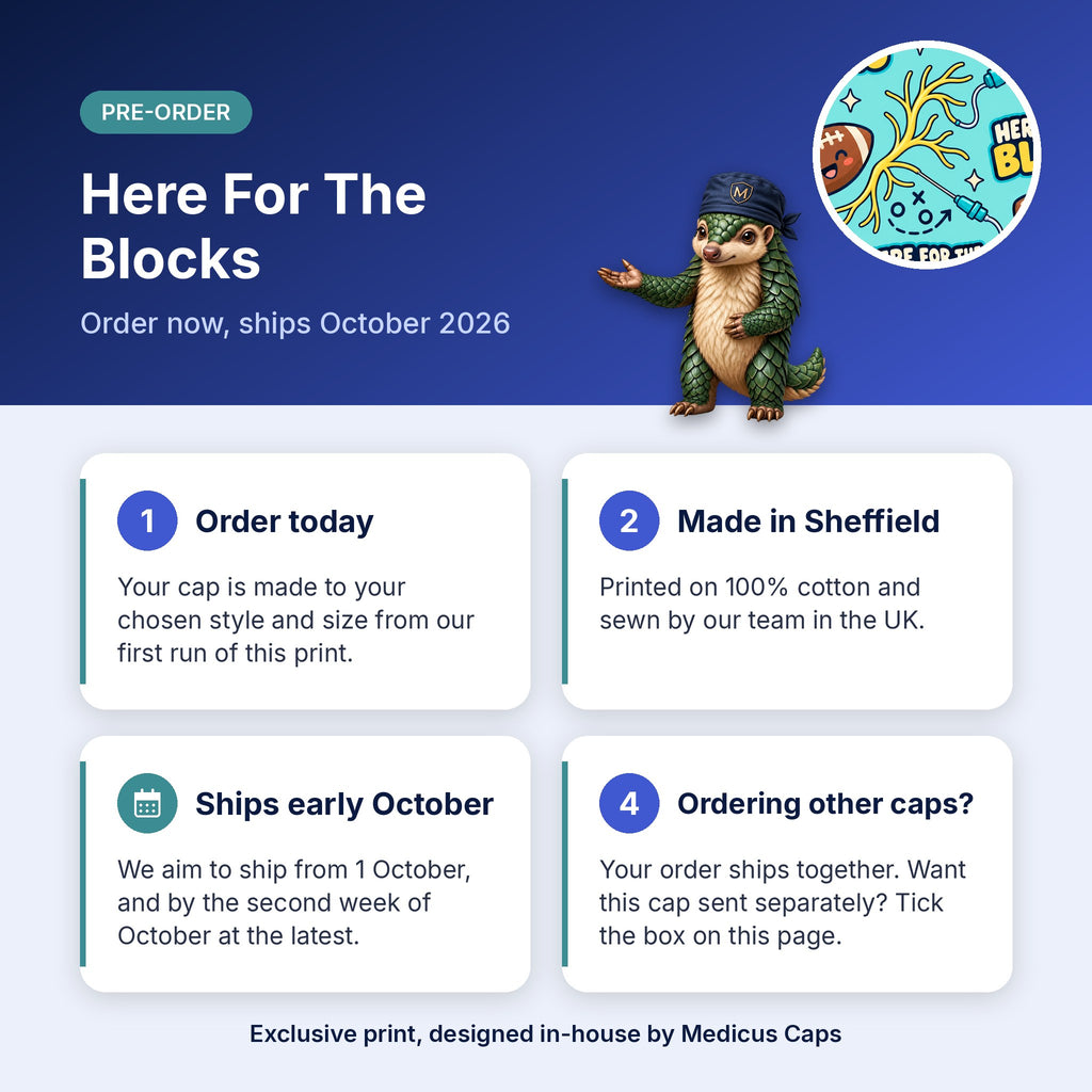 How pre-order works for the Here For The Blocks scrub cap: order today, made in Sheffield, ships early October 2026