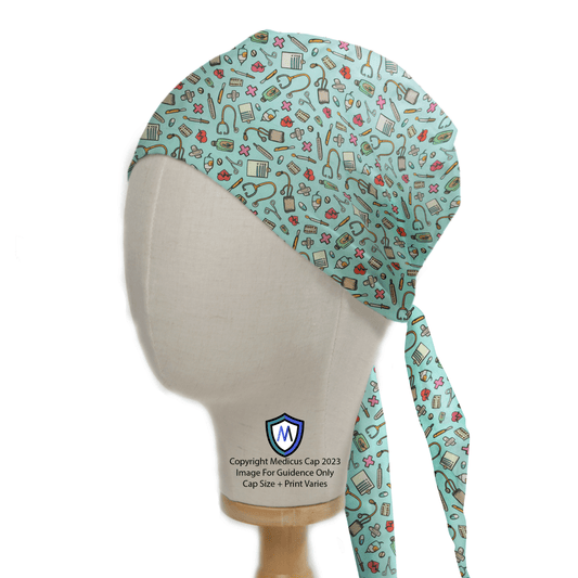 The Hopsital Tools On Teal #2 Scrub Cap by Medicus Scrub Caps is shown on a mannequin head. It features colorful medical instruments like stethoscopes, syringes, hearts, and pills on a light blue background, ideal for healthcare professionals with a logo and text completing the design.