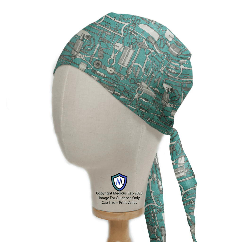 A mannequin head displays the Hospital Tools Surgeons Table On Teal Blue Scrub Cap by Medicus Scrub Caps, designed for healthcare professionals. It ties at the back with the logo on the neck, perfectly complementing any medical uniform.