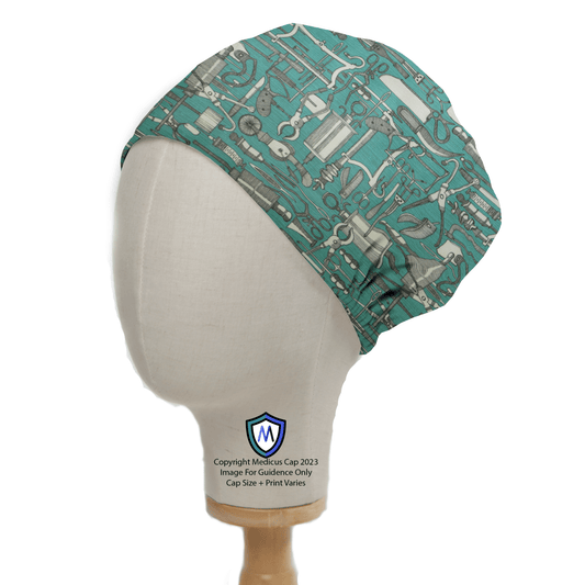 The Hospital Tools Surgeons Table On Teal Blue Scrub Cap by Medicus Scrub Caps is designed for healthcare professionals, featuring a pattern of medical tools like scissors, scalpels, and syringes on a mannequin head. This essential piece also displays copyright information in the image.