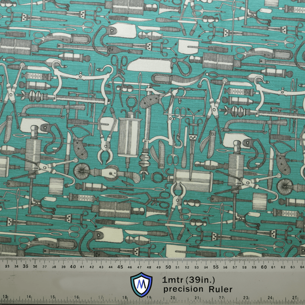 The Medicus Scrub Caps - Hospital Tools Surgeons Table features a detailed pattern of tools on a teal-blue background, perfect for crafting a unique scrub cap. A ruler at the bottom marks 1 meter (39 inches).