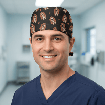 Hush Puppies Dog scrub cap shown on male model