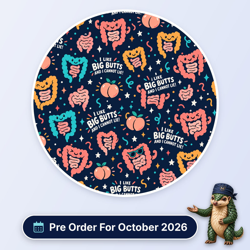 I Like Big Butts scrub cap print: colourful cartoon colons and peaches with I Like Big Butts lettering on navy, with a Pre Order For October 2026 badge