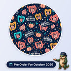 I Like Big Butts scrub cap print: colourful cartoon colons and peaches with I Like Big Butts lettering on navy, with a Pre Order For October 2026 badge