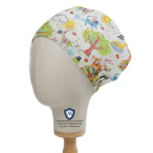 A mannequin head wears the Imagination Land Scrub Cap by Medicus Scrub Caps, showcasing colorful fabric with playful animal designs and nature elements. Ideal for healthcare professionals, it features whimsical illustrations of trees, clouds, animals on white. Logo at base.