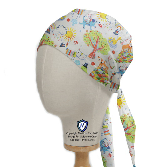 A mannequin head displays the Imagination Land Scrub Cap from Medicus Scrub Caps, featuring playful trees, suns, clouds, and animals on a white background. Perfect for healthcare professionals, this reusable cap ties at the back with a small logo and text on the front.