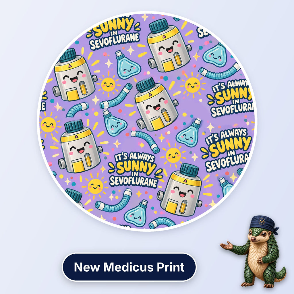It's Always Sunny In Sevoflurane scrub cap print: smiling sevoflurane vaporisers, suns and breathing circuits on lilac