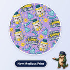 It's Always Sunny In Sevoflurane scrub cap print: smiling sevoflurane vaporisers, suns and breathing circuits on lilac