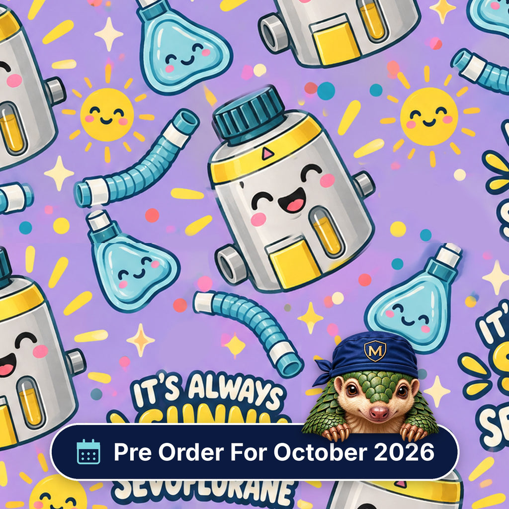 It's Always Sunny In Sevoflurane scrub cap print: smiling sevoflurane vaporisers, suns and breathing circuits on lilac, with a Pre Order For October 2026 badge