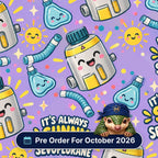It's Always Sunny In Sevoflurane scrub cap print: smiling sevoflurane vaporisers, suns and breathing circuits on lilac, with a Pre Order For October 2026 badge