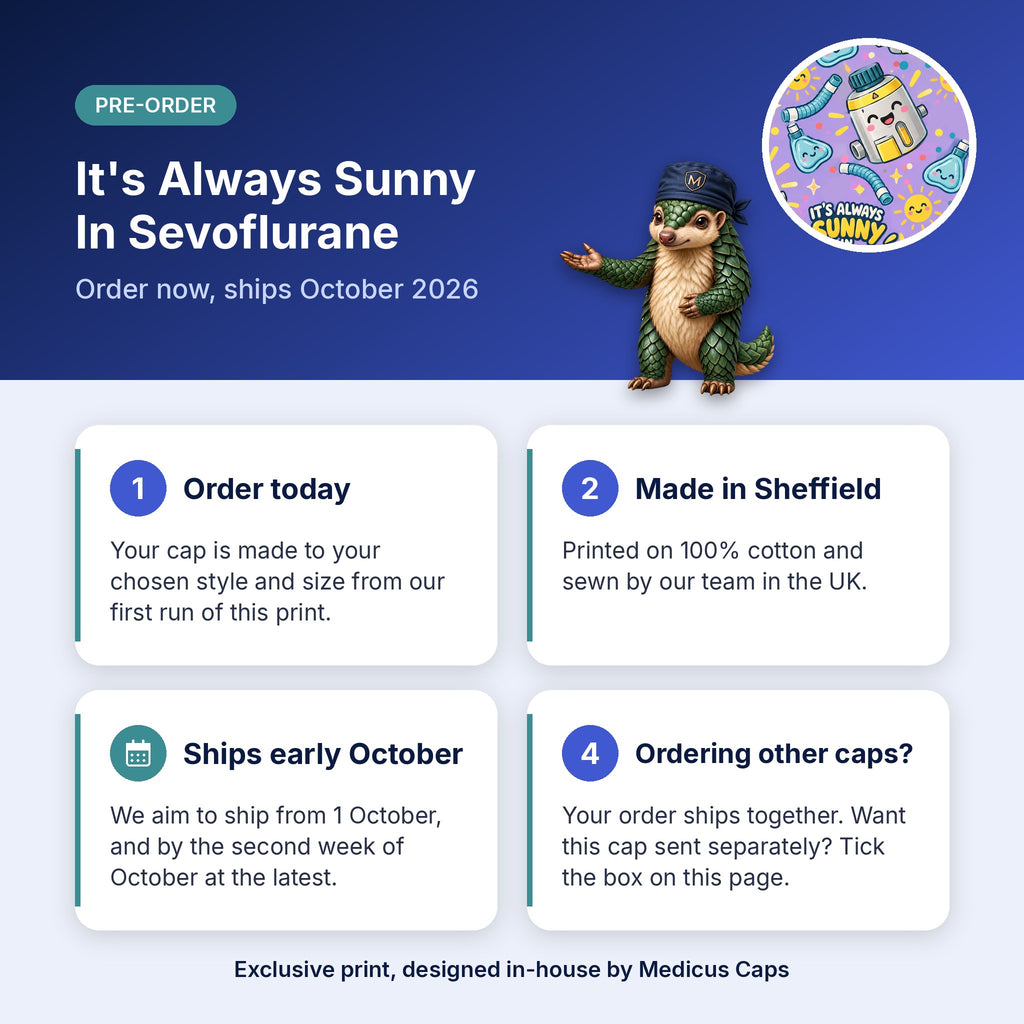 How pre-order works for the It's Always Sunny In Sevoflurane scrub cap: order today, made in Sheffield, ships early October 2026