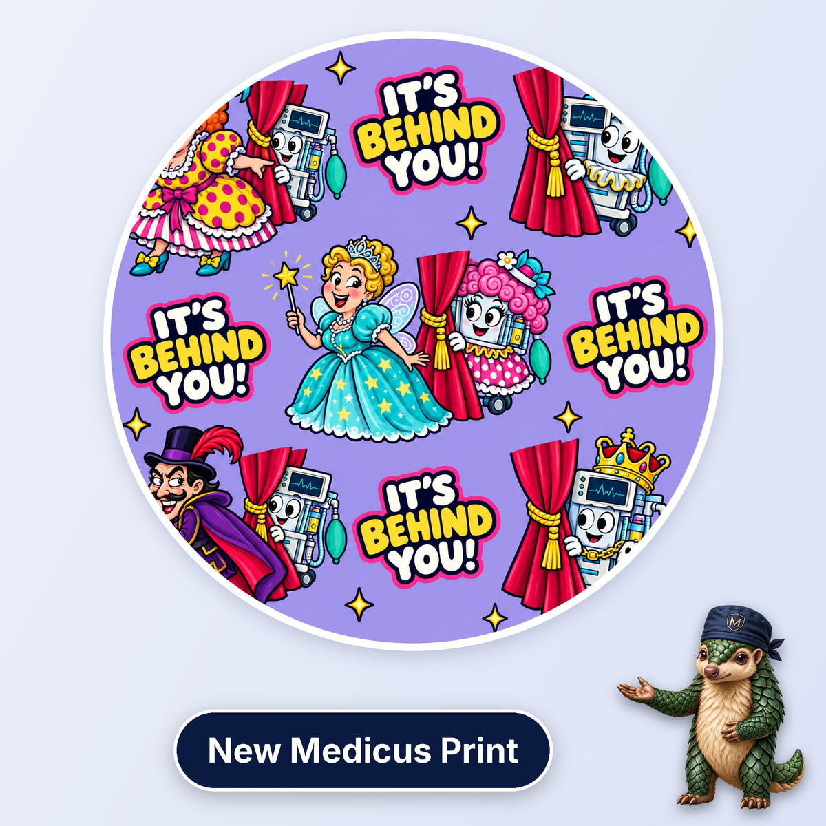 It's Behind You scrub cap print: pantomime characters with anaesthetic machines peeking from behind red curtains on lilac