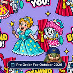 It's Behind You scrub cap print: pantomime characters with anaesthetic machines peeking from behind red curtains on lilac, with a Pre Order For October 2026 badge