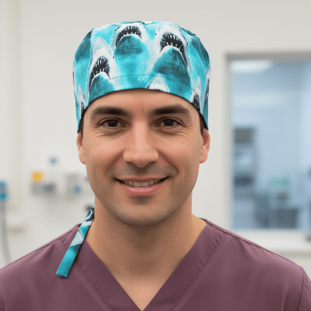 Jaws scrub cap shown on male model