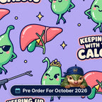 Keeping Up With The Calots scrub cap print: sassy gallbladders in sunglasses with livers and clip applicators on lilac, with a Pre Order For October 2026 badge