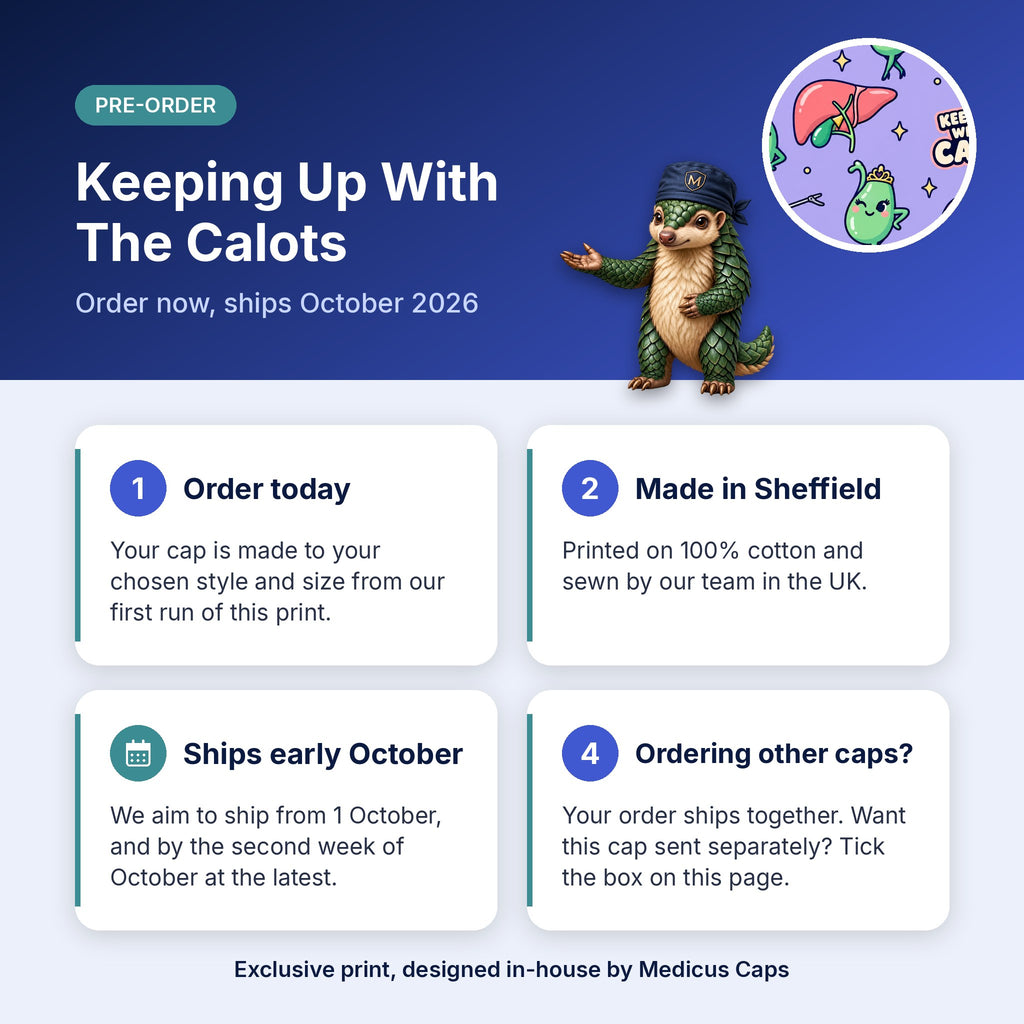 How pre-order works for the Keeping Up With The Calots scrub cap: order today, made in Sheffield, ships early October 2026