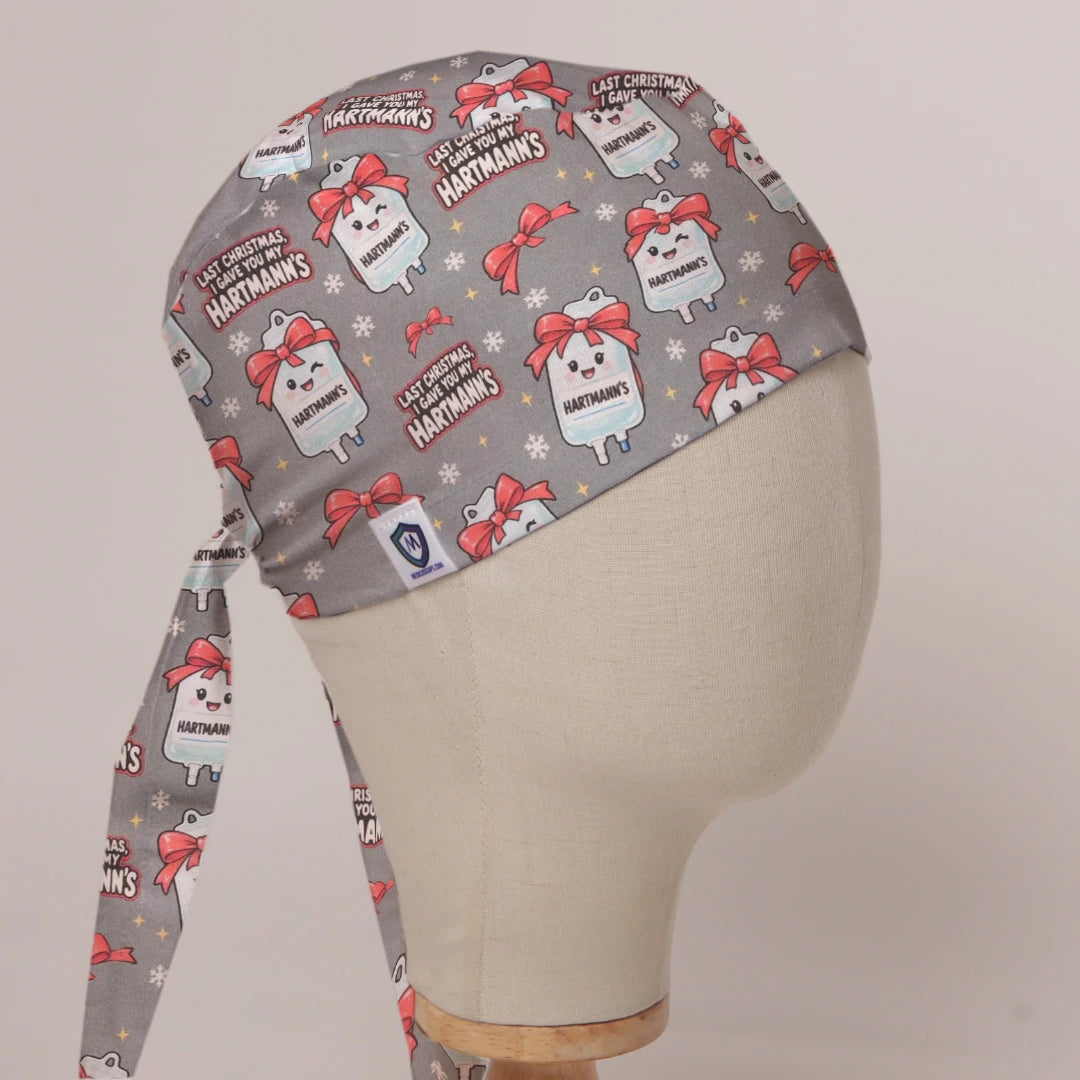 Last Christmas I Gave You My Hartmann's scrub cap in Bandana tie-back style on mannequin head, front right view with the