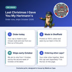 How pre-order works for the Last Christmas I Gave You My Hartmann's scrub cap: order today, made in Sheffield, ships early October 2026
