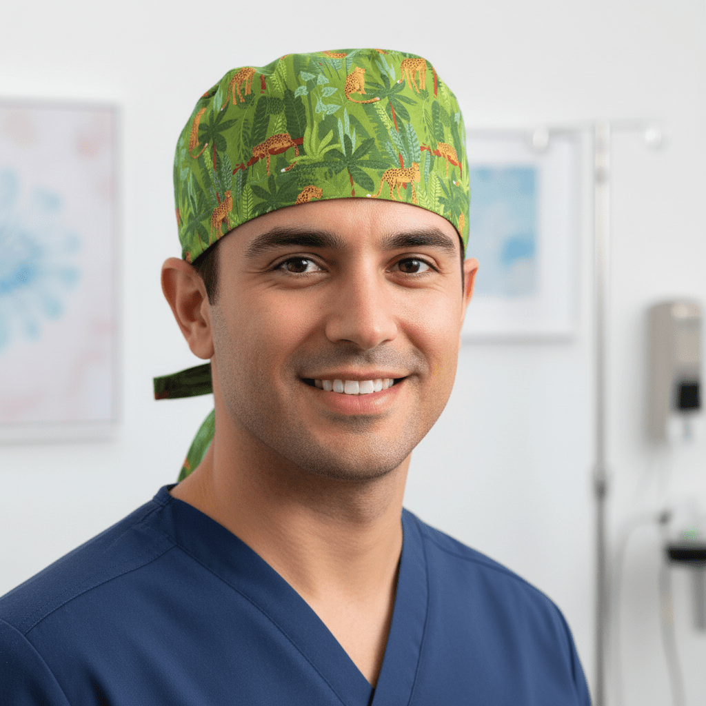 Leopard In Jungle Print scrub cap shown on male model