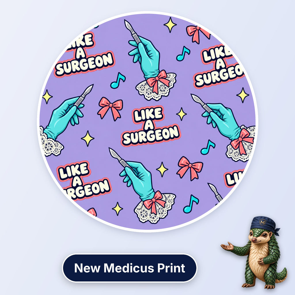 Like A Surgeon scrub cap print: gloved hands holding scalpels with lace cuffs, pink bows and music notes on lilac