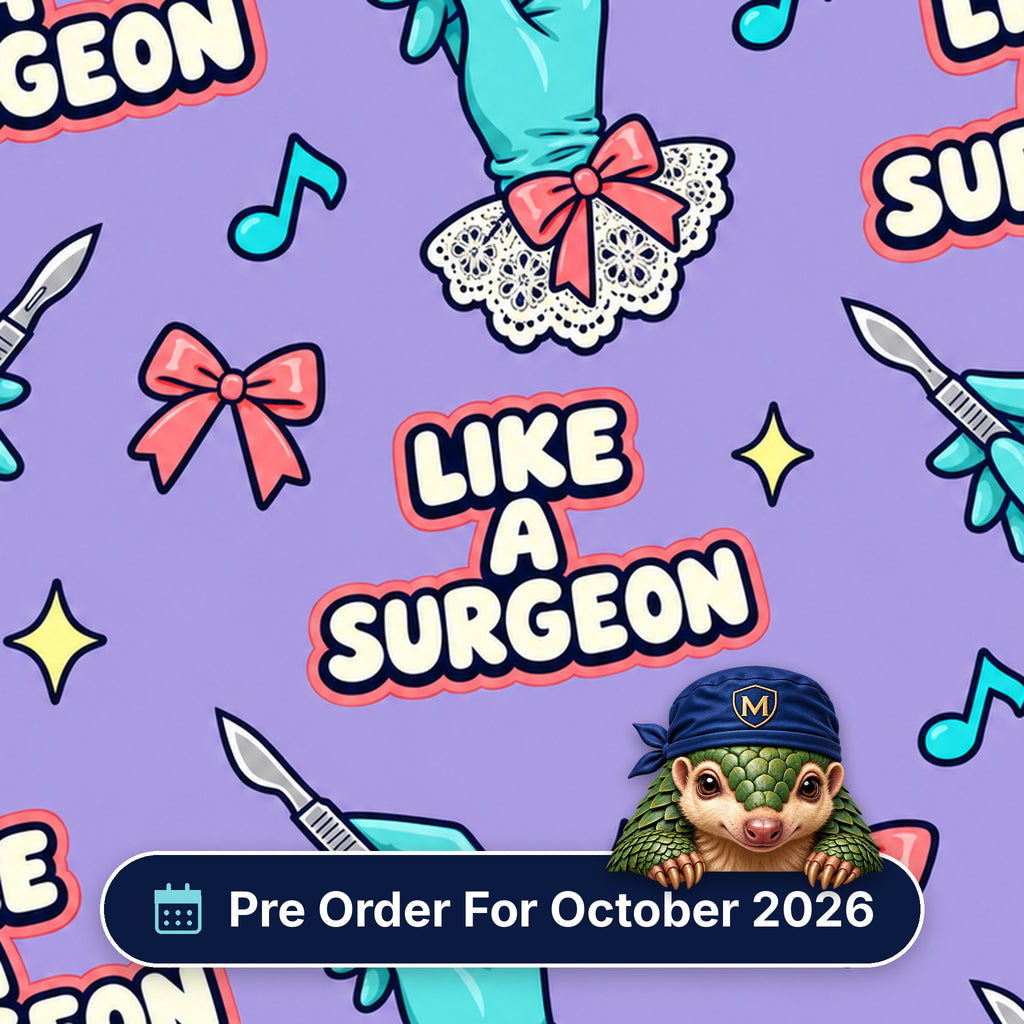 Like A Surgeon scrub cap print: gloved hands holding scalpels with lace cuffs, pink bows and music notes on lilac, with a Pre Order For October 2026 badge