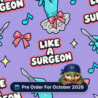 Like A Surgeon scrub cap print: gloved hands holding scalpels with lace cuffs, pink bows and music notes on lilac, with a Pre Order For October 2026 badge