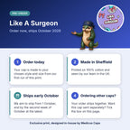 How pre-order works for the Like A Surgeon scrub cap: order today, made in Sheffield, ships early October 2026