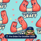 Love At First Graft scrub cap print: smiling blood vessels joined by a graft with pink hearts on aqua, with a Pre Order For October 2026 badge