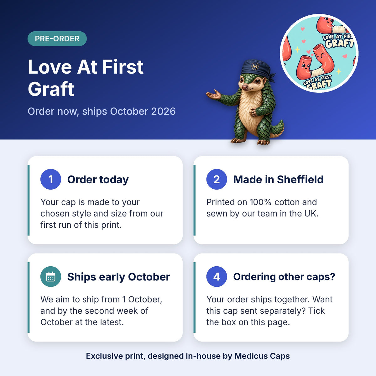 How pre-order works for the Love At First Graft scrub cap: order today, made in Sheffield, ships early October 2026