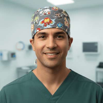 Marvel Avengers Cartoon Fight #2 Superhero scrub cap shown on male model