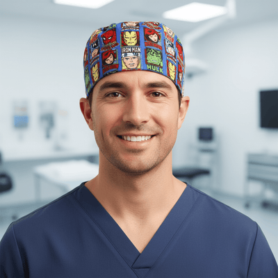 Marvel Avengers Comic Book Front Covers Superhero scrub cap shown on male model
