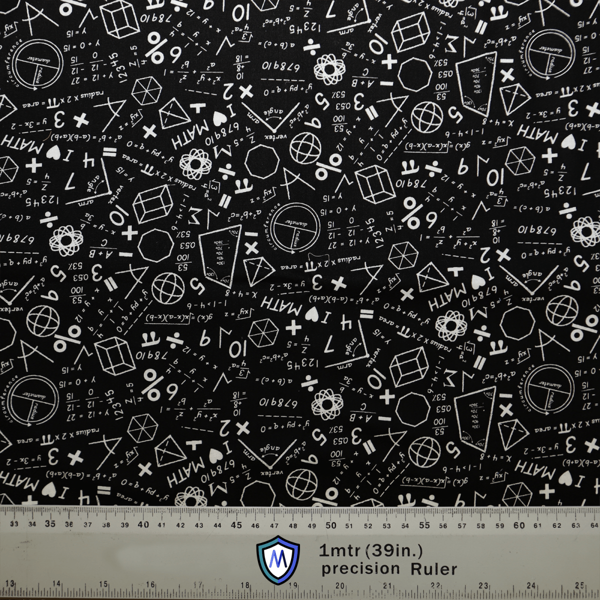 Explore the Maths Chalkboard Scrub Cap by Medicus Scrub Caps, perfect for healthcare professionals. This eco-friendly cap showcases white mathematical formulas, symbols, and geometric shapes on a black background, with a 1-meter (39-inch) ruler at the bottom for added functionality.