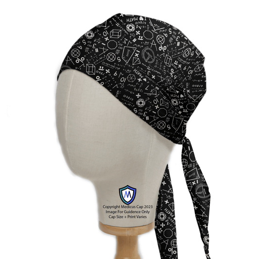 A mannequin displays the Medicus Scrub Caps Maths Chalkboard Scrub Cap, featuring white symbols and diagrams on black, resembling a math chalkboard. Its ideal for healthcare professionals and includes geometric shapes, equations, and the Medilucs logo with copyright notice.