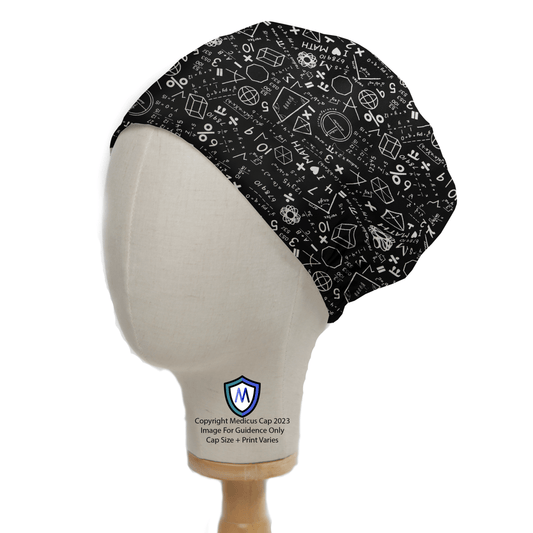 A side view of a mannequin head wearing Medicus Scrub Caps black Maths Chalkboard Scrub Cap, featuring white math-themed illustrations. Ideal for healthcare professionals, this sustainable cap showcases a shield emblem with an M at the bottom.