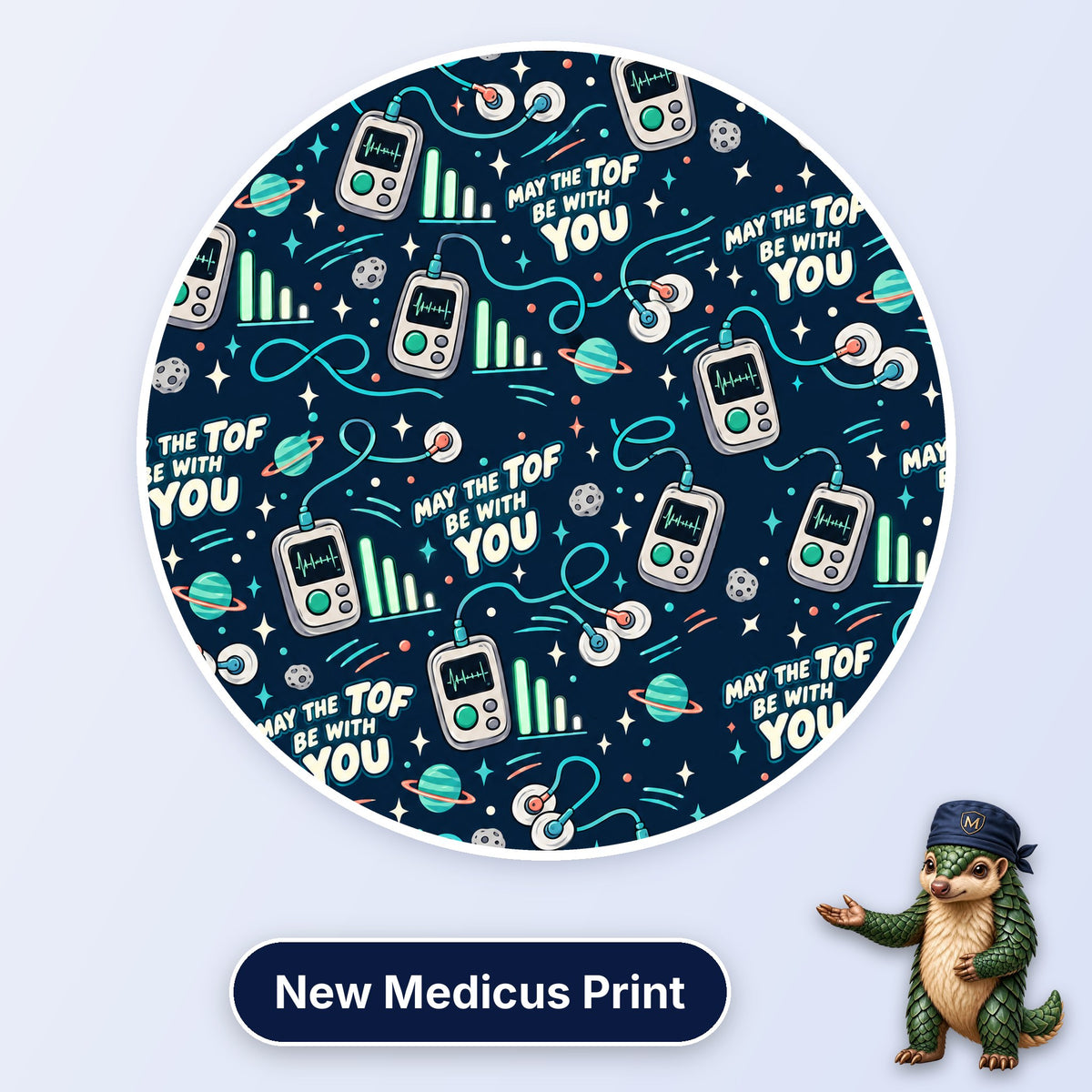 May The TOF Be With You scrub cap print: train of four nerve stimulators with electrodes, planets and twitch bars on navy
