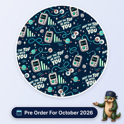 May The TOF Be With You scrub cap print: train of four nerve stimulators with electrodes, planets and twitch bars on navy, with a Pre Order For October 2026 badge