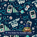 May The TOF Be With You scrub cap print: train of four nerve stimulators with electrodes, planets and twitch bars on navy, with a Pre Order For October 2026 badge