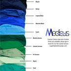 A selection of fabric swatches in various blues and greens for custom Medicus Scrub Caps, including the Make Your Own Mullet Version option.