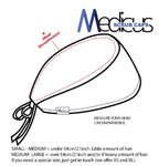 Illustration of a Medicus Scrub Caps Captain Style cap with sizing instructions. Features a Medicus label and measuring guide for healthcare professionals.