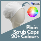 A mannequin wears a plain white Captain Scrub Cap by Medicus Scrub Caps. An arrow highlights 20+ available colors for this reusable, above-ear design.