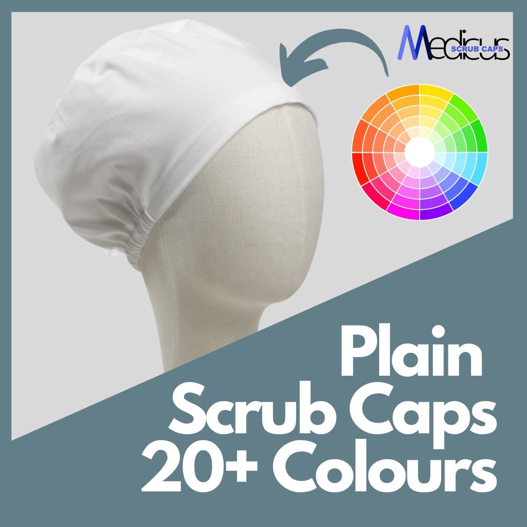 A mannequin head wears a plain white Medicus Scrub Cap. A color wheel highlights 20+ available shades. Text reads, "Plain Scrub Caps 20+ Colours."