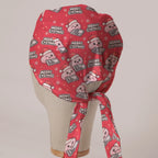 Merry Cystmas scrub cap in Bandana tie-back style on mannequin head, back view with ties