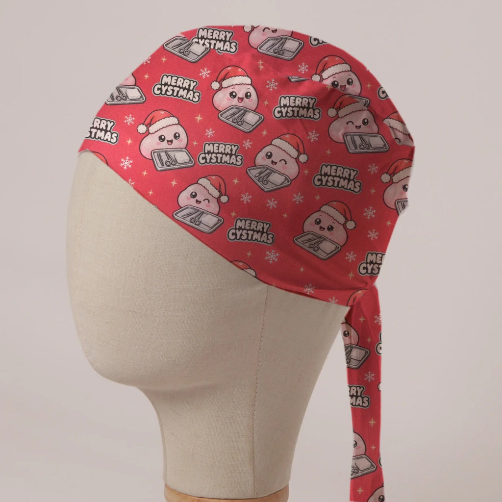 Merry Cystmas scrub cap in Bandana tie-back style: smiling cysts in Santa hats beside instrument trays with snowflakes on red
