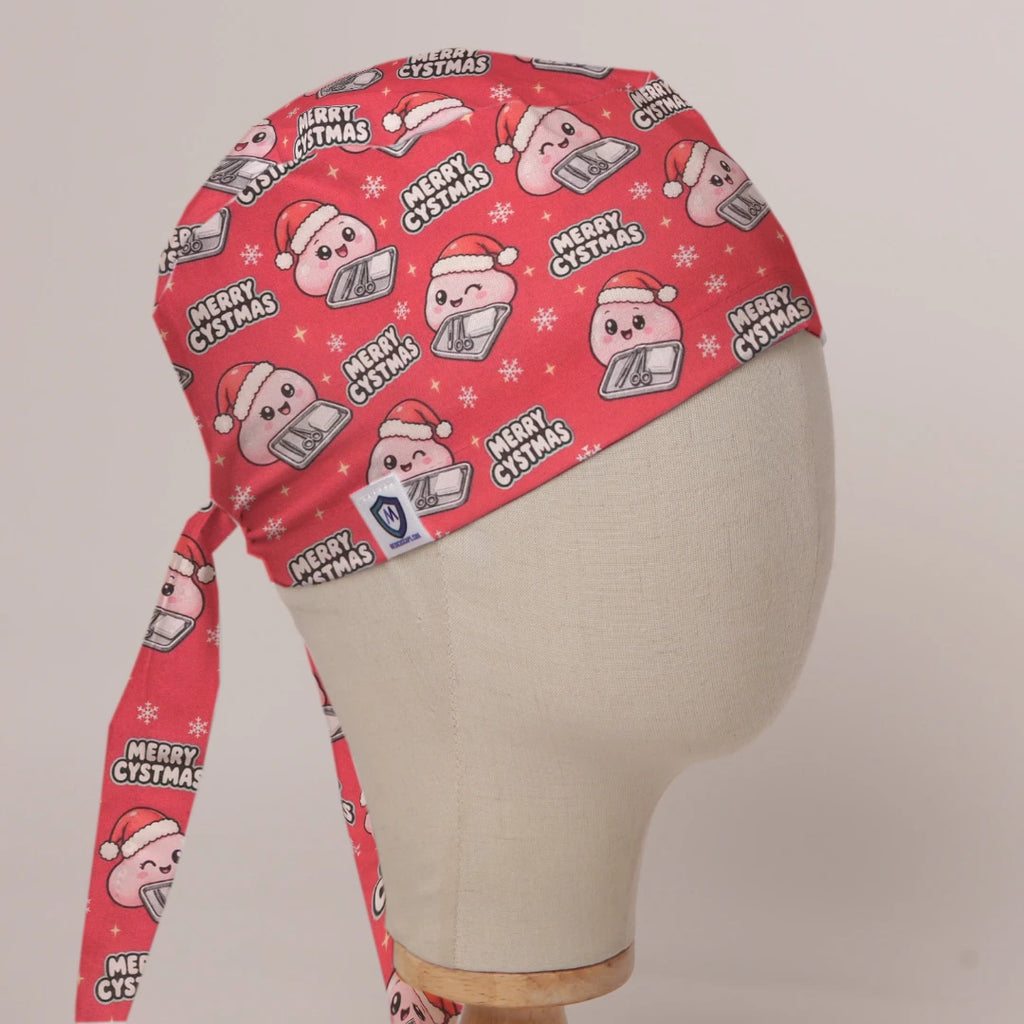 Merry Cystmas scrub cap in Bandana tie-back style on mannequin head, front right view with the Medicus label